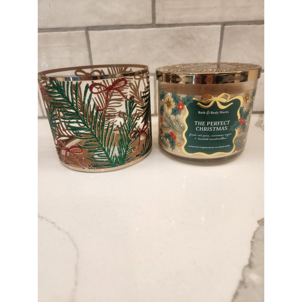 Bath & Body Works THE PERFECT CHRISTMAS 3 Wick Jar Candle 14.5‎ oz & Holder Set